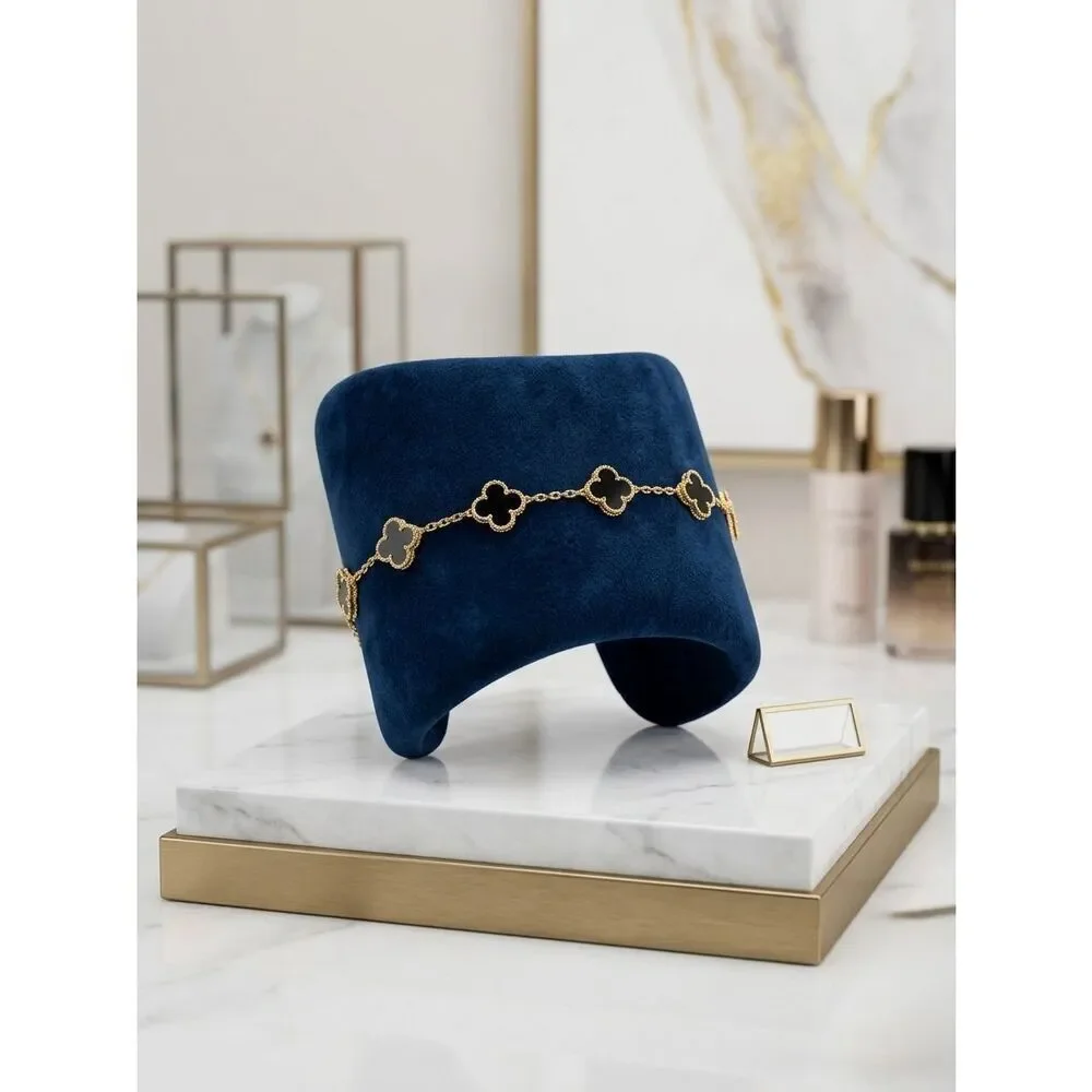 Gold Vermeil Black Onyx Clover Bracelet – Dainty Adjustable Chain, Lucky Charm